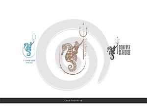 Seahorse logo. Poseidone or Neptune on seahorse.