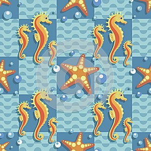 Seahorse cartoon, starfish. Sea wave and air bubbles. Marine checkered background. Seamless pattern.