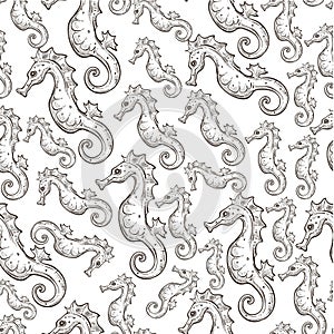 Seahorse marine aquatic animal, swimming creature seamless pattern