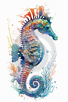 Seahorse painted with fantasy style watercolor. The image of sea creatures swimming underwater world.