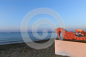 Seahorse sculpture on the beach on the Mar Menor in La Manga, Murcia, Spain