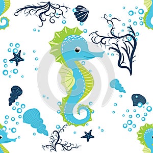 Seahorse, sea inhabitants seamless pattern, beautiful character among seashells, seaweed, starfish, marine