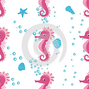 Seahorse, sea inhabitants seamless pattern, beautiful character among seashells, seaweed, starfish, marine