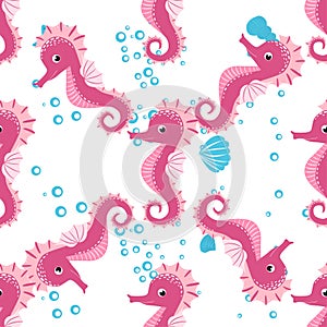 Seahorse, sea inhabitants seamless pattern, beautiful character among seashells, seaweed, starfish, marine