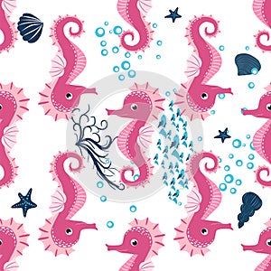 Seahorse, sea inhabitants seamless pattern, beautiful character among seashells, seaweed, starfish, marine