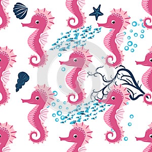 Seahorse, sea inhabitants seamless pattern, beautiful character among seashells, seaweed, starfish, marine