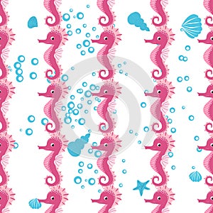 Seahorse, sea inhabitants seamless pattern, beautiful character among seashells, seaweed, starfish, marine