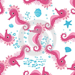 Seahorse, sea inhabitants seamless pattern, beautiful character among seashells, seaweed, starfish, marine