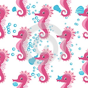 Seahorse, sea inhabitants seamless pattern, beautiful character among seashells, seaweed, starfish, marine