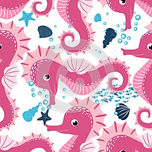 Seahorse, sea inhabitants seamless pattern, beautiful character among seashells, seaweed, starfish, marine