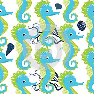 Seahorse, sea inhabitants seamless pattern, beautiful character among seashells, seaweed, starfish, marine