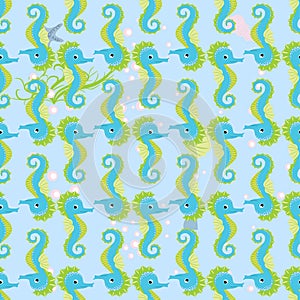 Seahorse, sea inhabitants seamless pattern, beautiful character among seashells, seaweed, starfish, marine