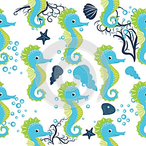 Seahorse, sea inhabitants seamless pattern, beautiful character among seashells, seaweed, starfish, marine