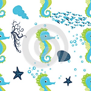 Seahorse, sea inhabitants seamless pattern, beautiful character among seashells, seaweed, starfish, marine