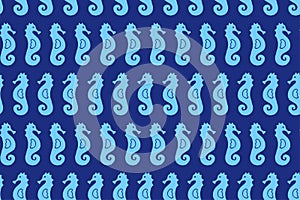 Seahorse Seamless Pattern. Vector Illustration on Blue Background. Blue Marine Endless Wallpaper