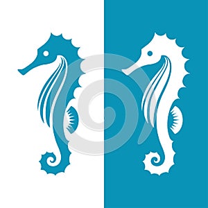 Seahorse silhouette in blue and white colors.