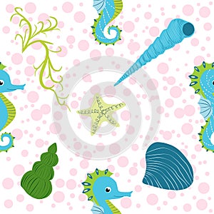 Seahorse and starfish seamless pattern. Sea life summer background. Cute sea life. Design for fabric and decor