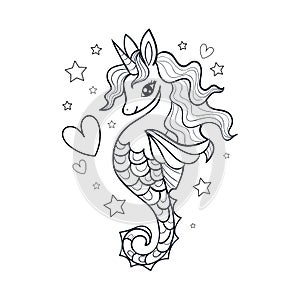 Seahorse, unicorn vector black and white illustration. Doodle style. Vector