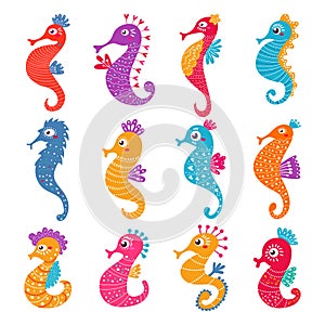 Seahorse vector seafish character or cartoon sea-horse undersea in tropical wildlife illustration set of exotic sea