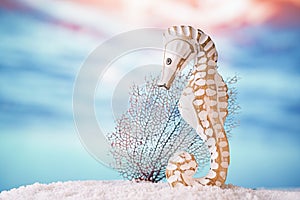 Seahorse on white sand beach, ocean, sky and seascapee