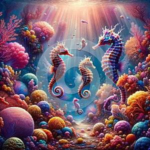 Seahorses Amongst the Rainbow Coral Reef