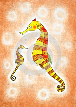 Seahorses, child's drawing, watercolor painting