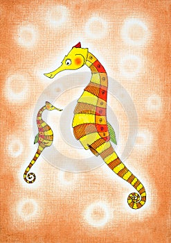 Seahorses, child's drawing, watercolor painting photo