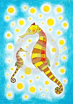 Seahorses, childs drawing, watercolor painting
