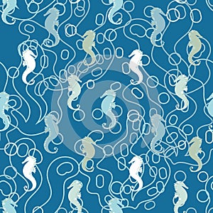 Seahorses monochromatic marine seamless vector pattern in blue colors.