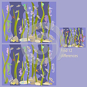 in the seahorses rebus for children up to 8 years old, find 12 differences