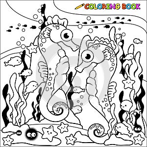 Seahorses swimming underwater. Vector black and white coloring page.