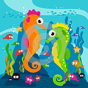 Seahorses swimming underwater. Vector illustration