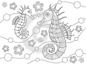 Seahorses on the waves with bubbles and sea flowers. Coloring page