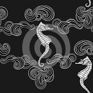 Seahorses and waves. Endless background on the marine theme. Abstract vector illustration on black. Perfect for design templates,