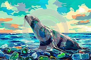 Seal art in polluted water, reflecting on marine biology and natural landscape,illustration in comic style