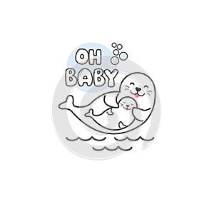 Seal and baby seal. Cartoon cute pole animal vector Illustration.