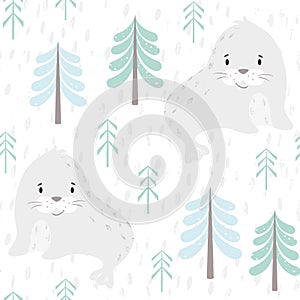 Seal baby winter seamless pattern. Cute animal in snowy forest christmas print.