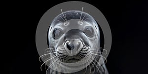 Seal black puppy marine animal face portrait on black background