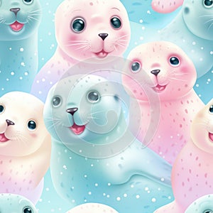 Seal cute plush Seamless Pattern. Fluffy, furseal tile in pastel colors. Illustration with seals, animal background for