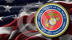 Seal of the Department of the Navy United States Marine Corps against the background of the US flag