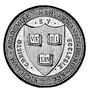 The seal of Harvard University in Massachusetts, with motto VERITAS, vintage illustration