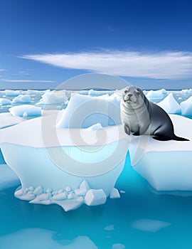 Seal on ice floe arctic landscape. illustration of cute north pole animals. Northern seal. For the design of holiday cards,