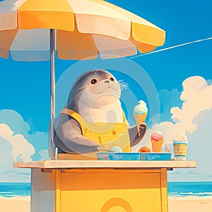 Seal-inspired ice cream cart on beach, whimsical fantasy