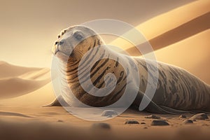 Seal lying on sand in desert. Climate change, global warming, environmental weather disaster concept