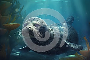 Seal in the ocean. Aquarium scene. Vector illustration.