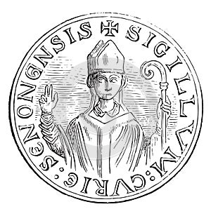 Seal of officialdom direction. The figure of the archbishop seen from the front wearing the pallium, vintage engraving