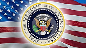 Seal of the President of the United States on USA flag. American presidential / Great seal. American eagle, 3d rendering. American