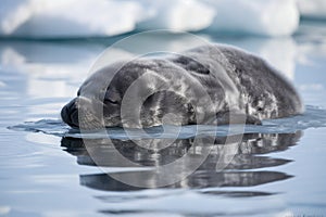 seal pup napping, with its flippers tucked in and head resting on ice