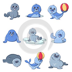 Seal pups cute character icons set, cartoon style