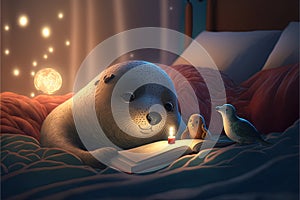 Seal reading a book in beed during christmas eve night cartoon illustration generative AI